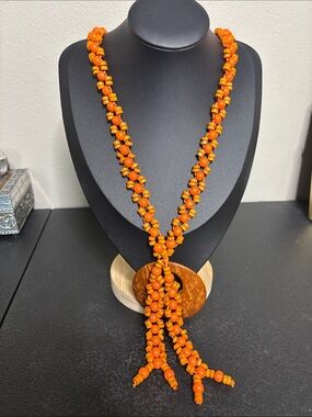 Orange Lightweight Wood Beaded Lariat Necklace - Women Jewelry